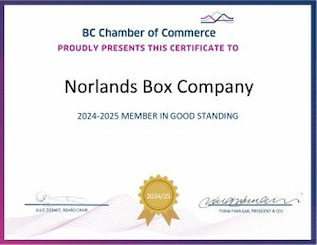 Certificate of Membership from the BC Chamber of Commerce presented to Norlands Box Company for the 2024-2025 term, recognizing them as a Member in Good Standing.