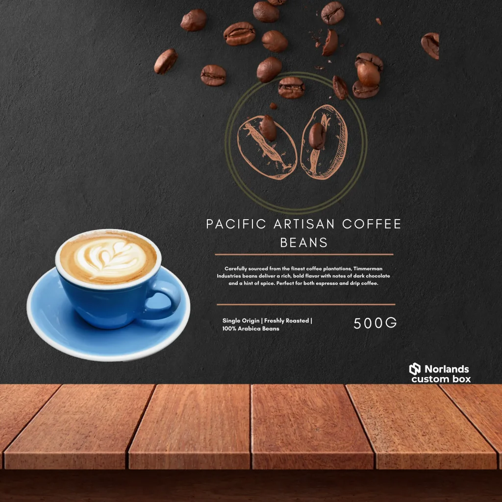 box company vancouver: The image highlights the premium packaging for Pacific Artisan Coffee Beans, designed by Norlands Box Company Vancouver. The elegant design features a black background with golden coffee bean illustrations, emphasizing the product's rich flavor profile and high quality. A vibrant blue coffee cup with latte art sits on a wooden surface, complementing the luxurious presentation. The text includes details like "Single Origin | Freshly Roasted | 100% Arabica Beans," showcasing Norlands' expertise in creating sophisticated, custom packaging for premium products.