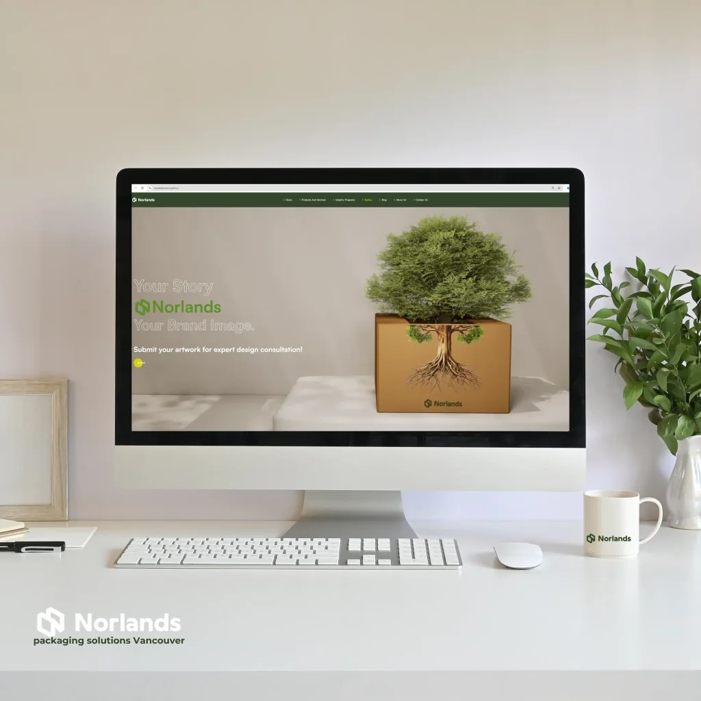 The image showcases Norlands' website displayed on a sleek desktop computer, highlighting its expertise in packaging solutions in Vancouver. The screen features a minimalist design with the text "Your Story, Your Brand Image" alongside an artistic graphic of a tree growing from a cardboard box, symbolizing sustainability and innovative packaging.