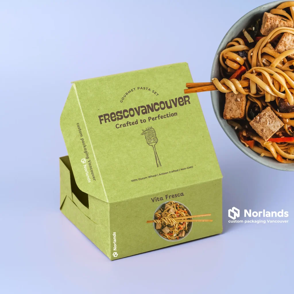 box company Vancouver: The image features eco-friendly packaging for Frescovancouver Gourmet Pasta Set, custom boxes Vancouver, designed by Norlands Custom Packaging Vancouver.