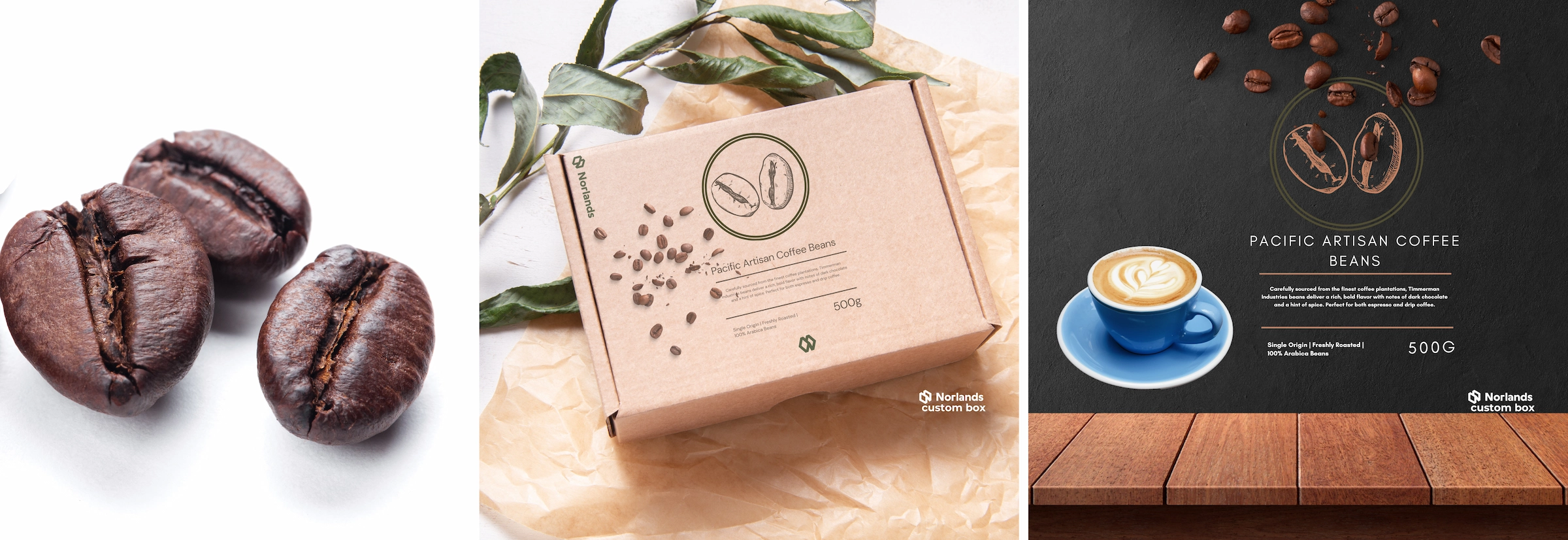 custom box:The image showcases a trio of visuals highlighting coffee packaging and presentation. On the left, a close-up of rich, roasted coffee beans emphasizes freshness and quality. The center features eco-friendly, kraft-style custom printed boxes labeled "Pacific Artisan Coffee Beans," surrounded by scattered beans and natural elements, reflecting sustainability and elegance.