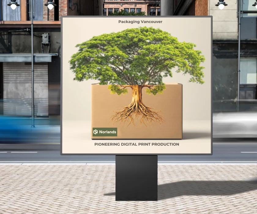 packaging Vancouver: The image displays a billboard in an urban setting with a visually striking design. At the center, it features a cardboard box seamlessly integrated with a large, lush tree growing out of it, symbolizing sustainability and eco-friendliness. The Norlands logo is prominently displayed on the box, along with the tagline "Pioneering Digital Print Production." The overall design highlights Norlands' commitment to innovative, sustainable packaging solutions, with a clean and modern aesthetic that blends nature and technology.