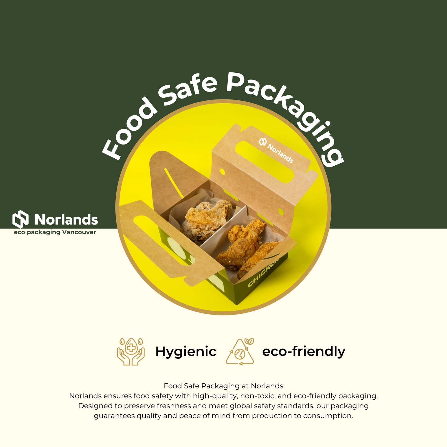 packaging Vancouver:The image showcases Norlands' eco-friendly food-safe packaging, featuring a biodegradable box with fried chicken against a yellow backdrop. The design highlights "Hygienic" and "Eco-friendly" features, with the Norlands logo and tagline emphasizing sustainability and quality.