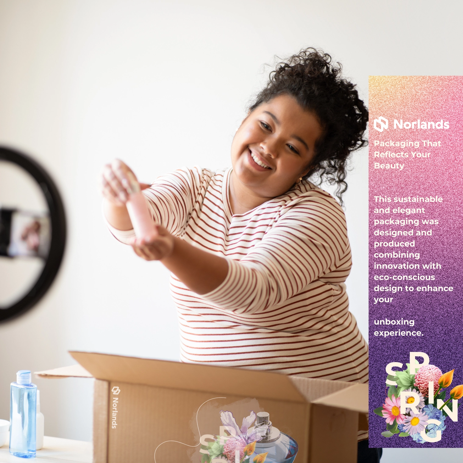 The image features a cheerful woman unboxing a product, showcasing sustainable packaging designed by Norlands. The box, part of the Spring branding, reflects an elegant and eco-conscious design that enhances the unboxing experience. The right side of the image includes the text: "Packaging That Reflects Your Beauty. This sustainable and elegant packaging was designed and produced combining innovation with eco-conscious design to enhance your unboxing experience," alongside a floral "Spring" logo, symbolizing freshness and creativity.