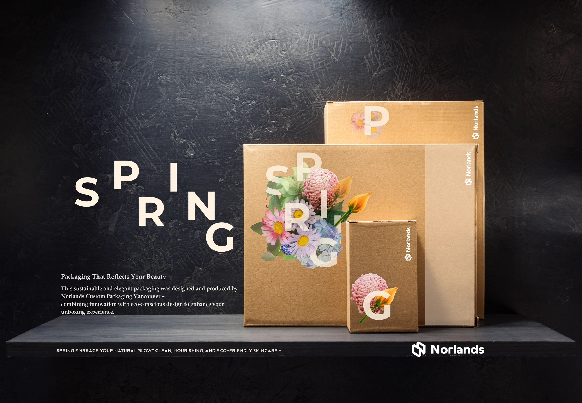 The image displays a set of eco-friendly wholesale boxes featuring the branding "Spring," designed for clean, nourishing, and eco-friendly skincare products. The kraft boxes are adorned with floral illustrations and minimalist typography, highlighting elegance and sustainability. Set against a dark textured background, the packaging reflects innovation and an eco-conscious approach to enhancing the unboxing experience. The text emphasizes the combination of beauty and sustainability, making these wholesale boxes ideal for modern businesses.