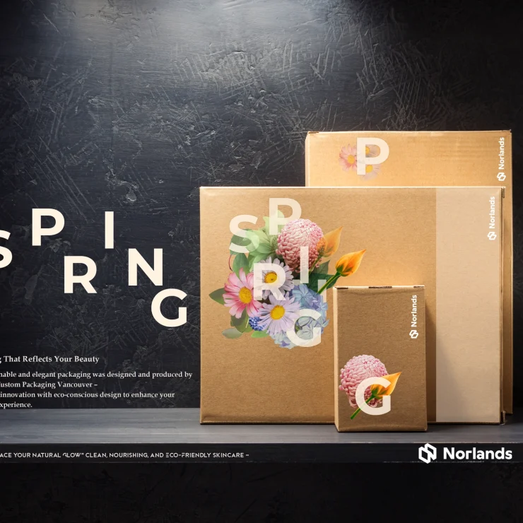 The image displays a set of eco-friendly wholesale boxes featuring the branding "Spring," designed for clean, nourishing, and eco-friendly skincare products. The kraft boxes are adorned with floral illustrations and minimalist typography, highlighting elegance and sustainability. Set against a dark textured background, the packaging reflects innovation and an eco-conscious approach to enhancing the unboxing experience. The text emphasizes the combination of beauty and sustainability, making these wholesale boxes ideal for modern businesses.