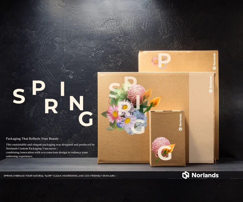 The image displays a set of eco-friendly wholesale boxes featuring the branding "Spring," designed for clean, nourishing, and eco-friendly skincare products. The kraft boxes are adorned with floral illustrations and minimalist typography, highlighting elegance and sustainability. Set against a dark textured background, the packaging reflects innovation and an eco-conscious approach to enhancing the unboxing experience. The text emphasizes the combination of beauty and sustainability, making these wholesale boxes ideal for modern businesses.