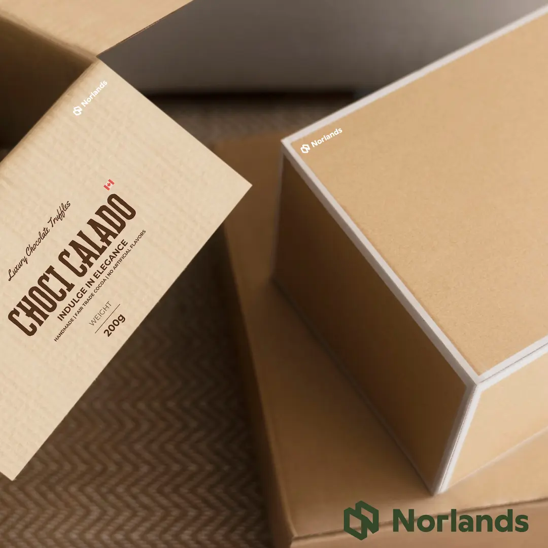 Die-cut trays manufacturer BC.Close-up of Norlands-branded premium cardboard boxes, including elegant packaging for "Choci Calado" chocolate made in Canada—showcasing high-quality, sustainable packaging for gourmet products.