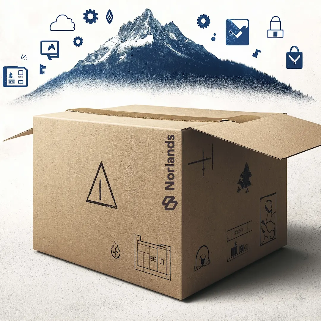 Eco-friendly Norlands cardboard box featuring shipping and handling icons, placed in front of a stylized mountain graphic with floating blue technology and logistics icons—symbolizing innovation in sustainable packaging and smart delivery.