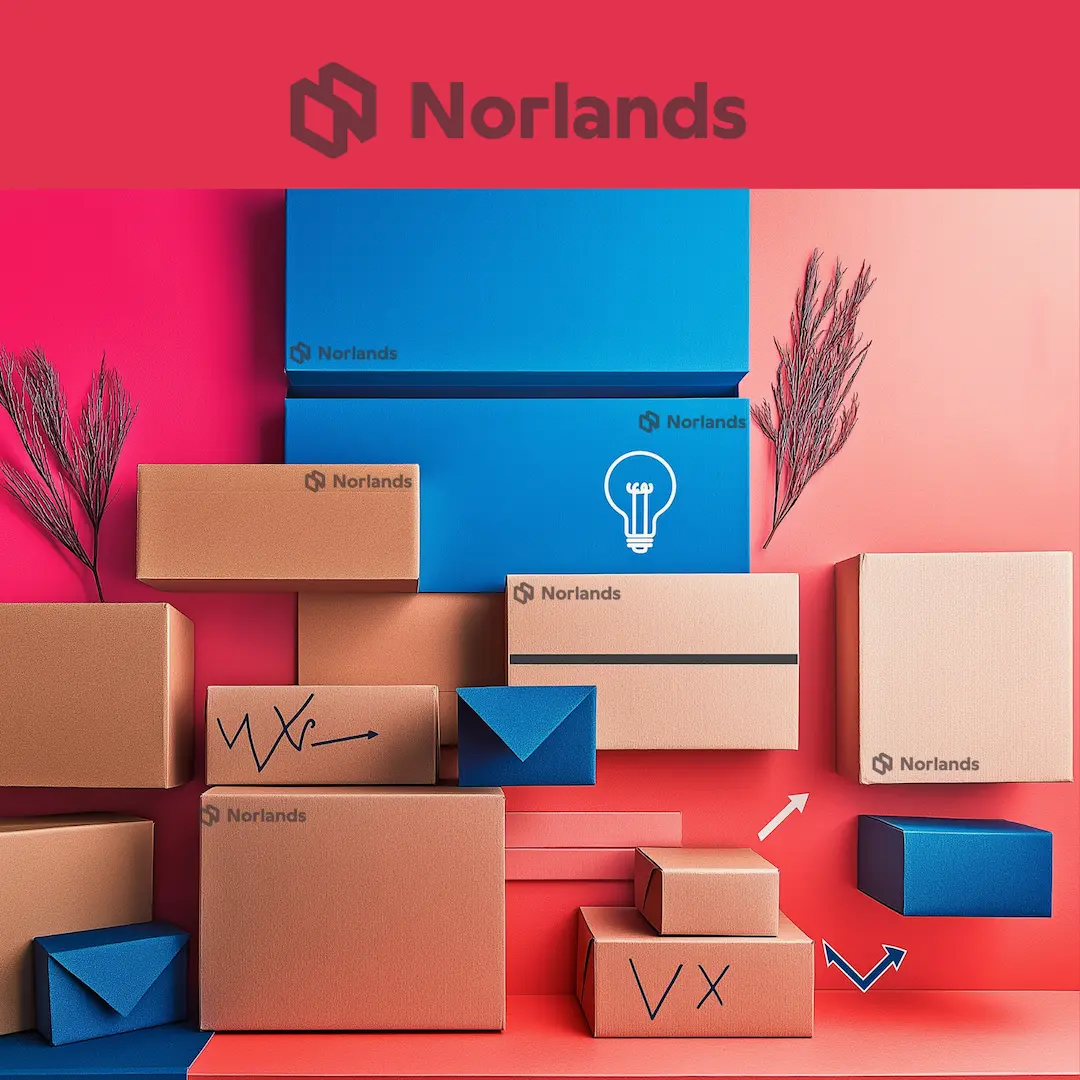 Colorful arrangement of Norlands-branded cardboard and blue mailer boxes against a vibrant red and pink backdrop with minimalist icons—highlighting creative, modern, and sustainable packaging solutions.