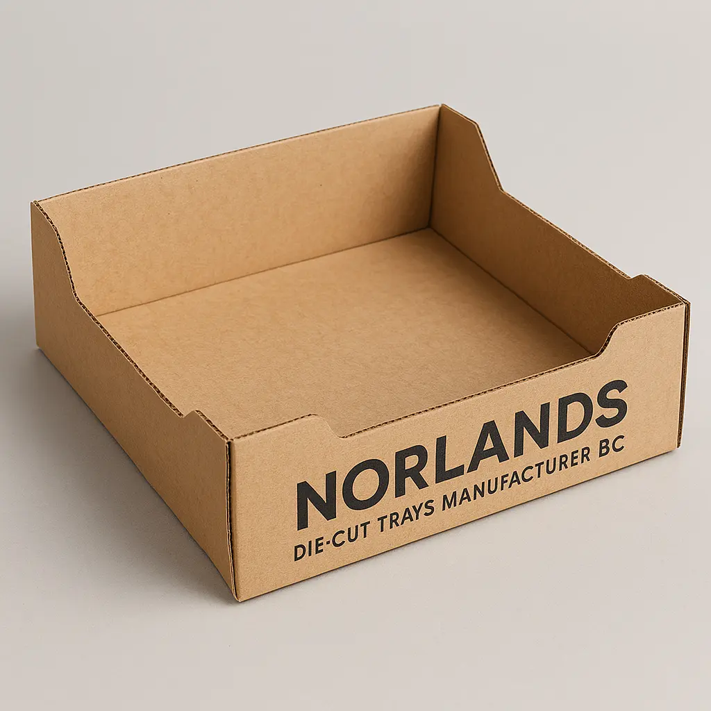 Custom die-cut corrugated trays manufactured by NORLANDS in British Columbia, showcasing precision-cut compartments, high-quality material, and clean branding for organized product presentation.