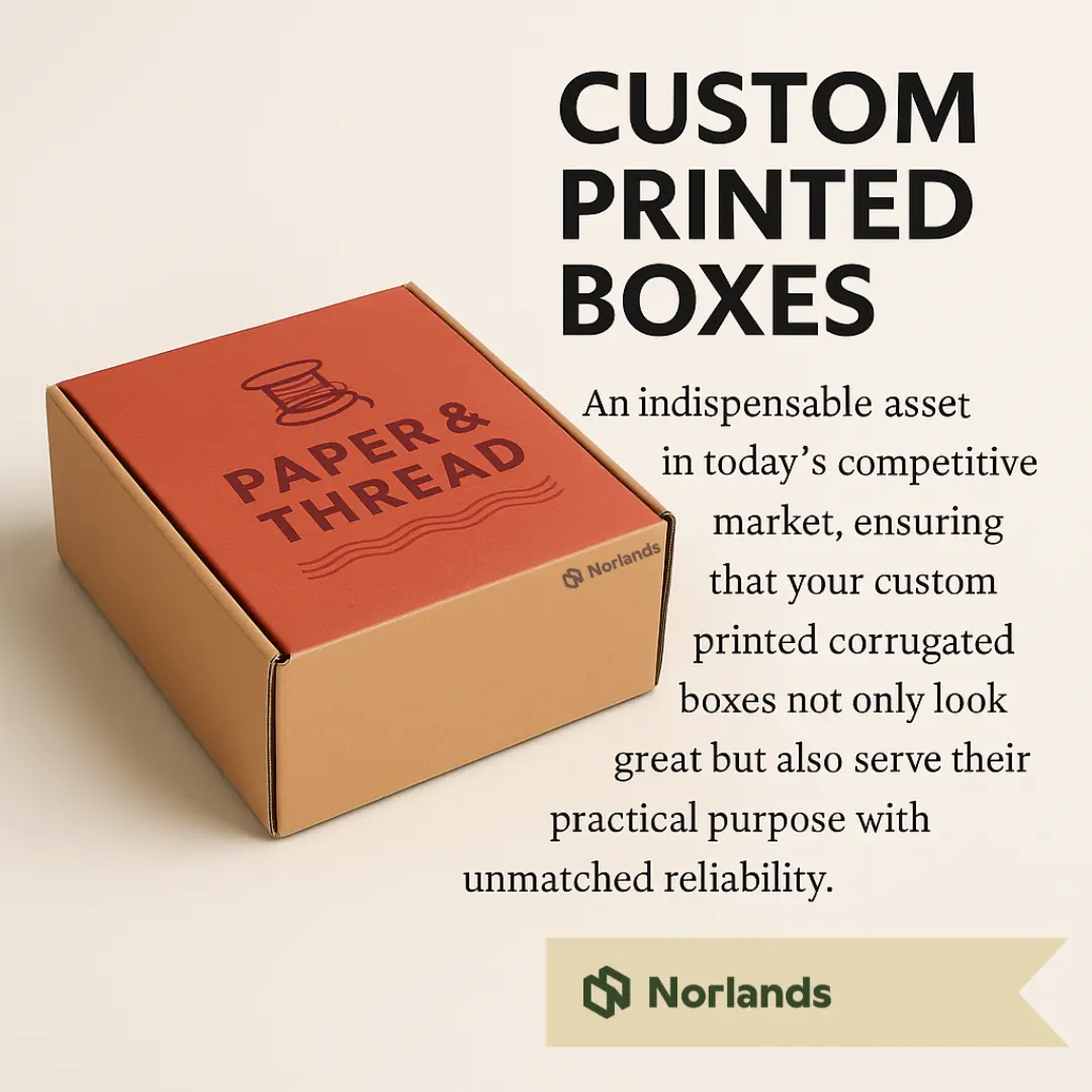 Custom printed corrugated boxes by NORLANDS with high-quality branding and durable structure, designed for modern packaging solutions.