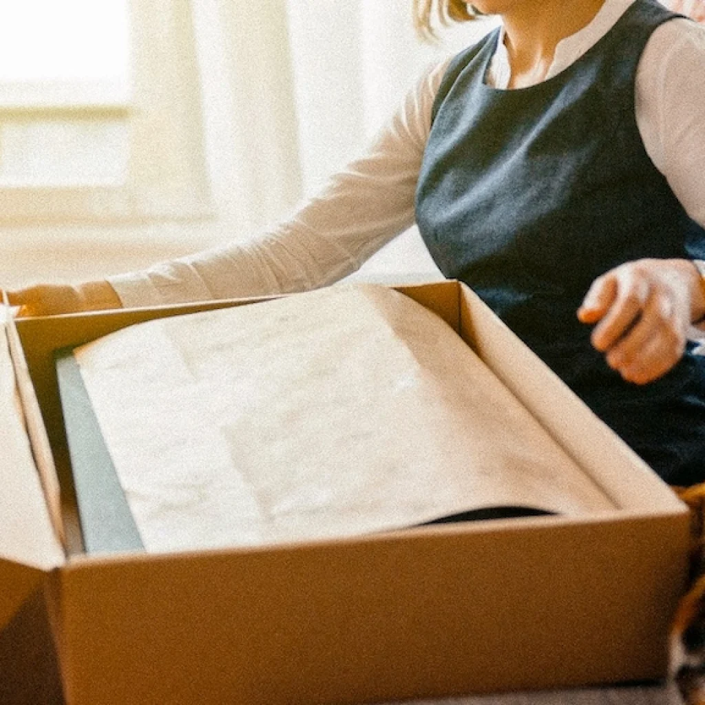 Woman enjoying an unboxing experience while opening a cardboard package on a sofa, with a cat nearby.