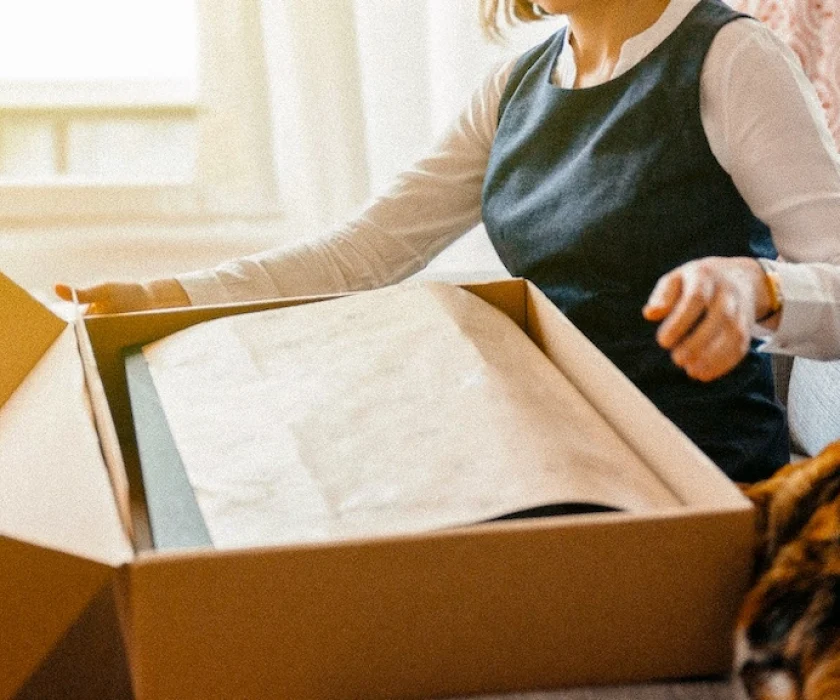 Woman enjoying an unboxing experience while opening a cardboard package on a sofa, with a cat nearby.
