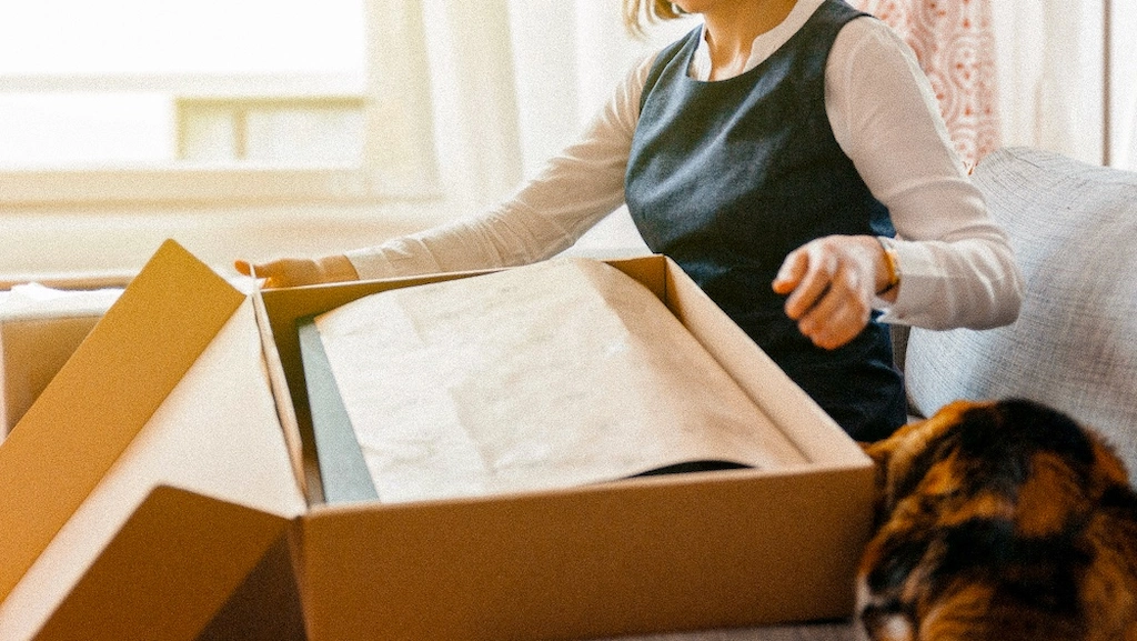 Woman enjoying an unboxing experience while opening a cardboard package on a sofa, with a cat nearby.