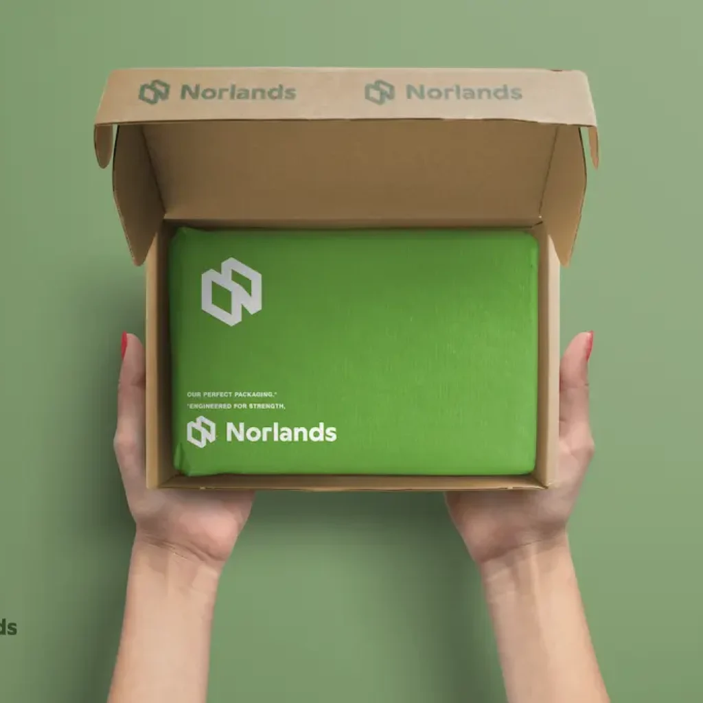 Custom Packaging in Vancouver.Hands holding an open Norlands cardboard box with a neatly wrapped green package inside, showcasing eco-friendly, branded packaging with a premium feel.