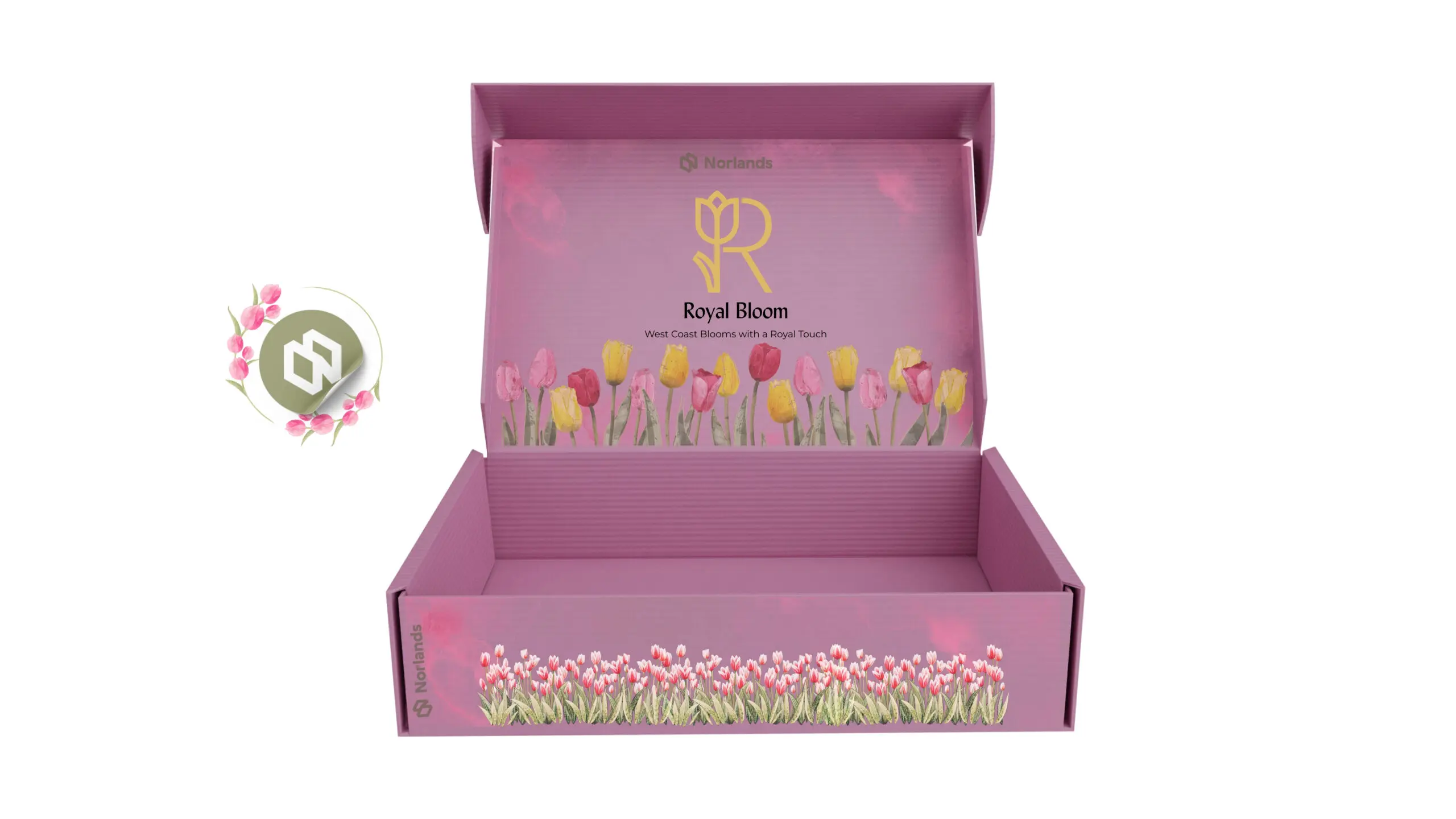 A pink Norlands custom box with floral prints and “Royal Bloom” branding, designed for luxury flower packaging.