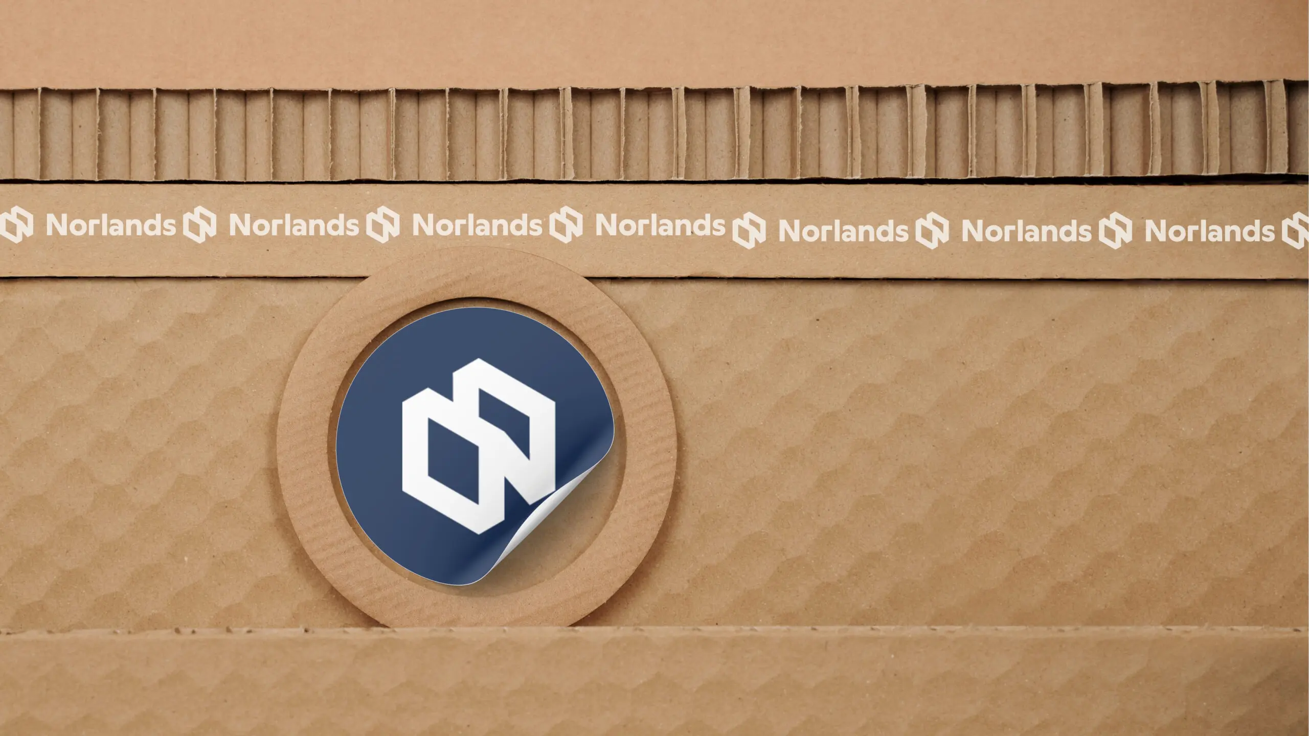 Close-up of Norlands branded cardboard packaging, highlighting corrugated texture, eco tape, and logo sticker.Bespoke Boxes in Canada 