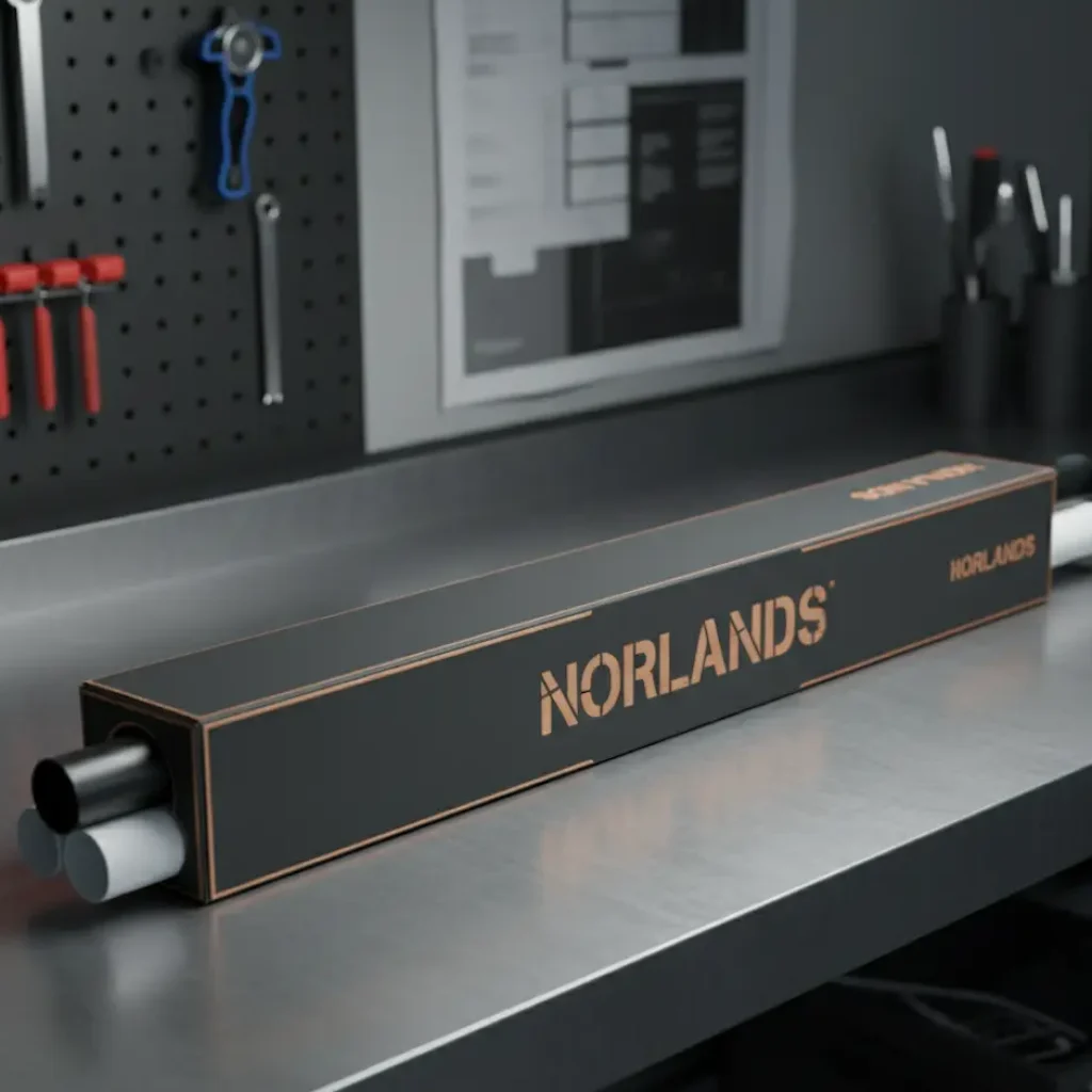 Norlands black rectangular packaging box with copper details placed on a metallic workshop table for industrial tools.