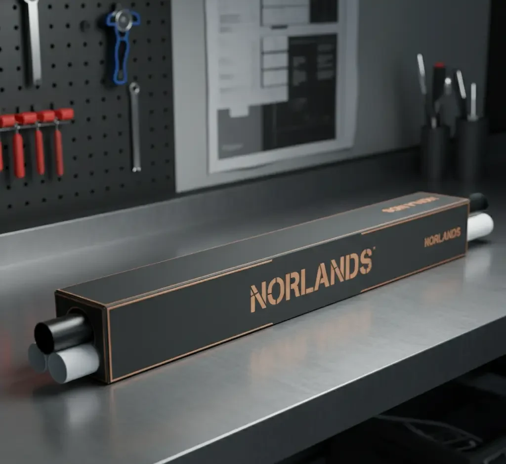 Norlands black rectangular packaging box with copper details placed on a metallic workshop table for industrial tools.