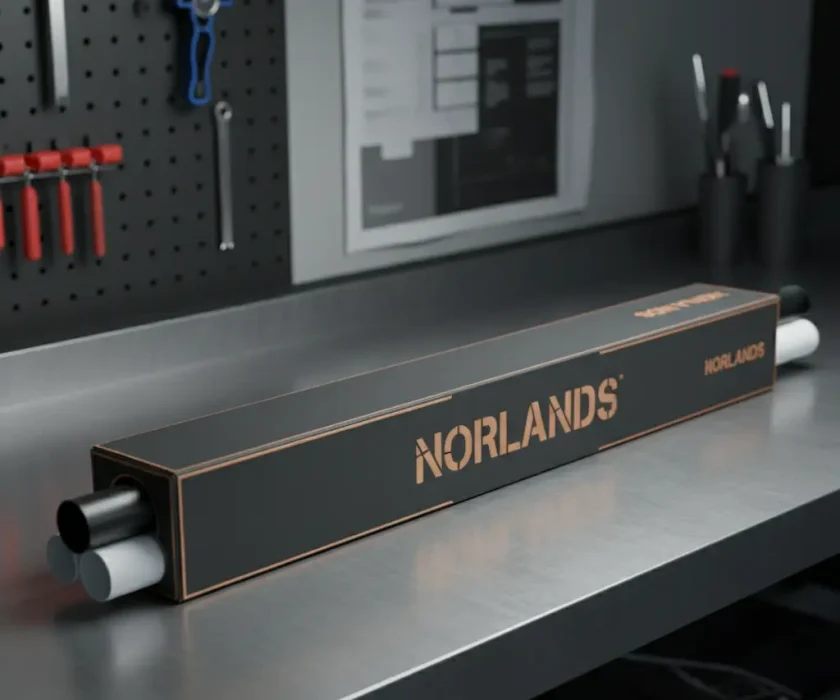 Norlands black rectangular packaging box with copper details placed on a metallic workshop table for industrial tools.