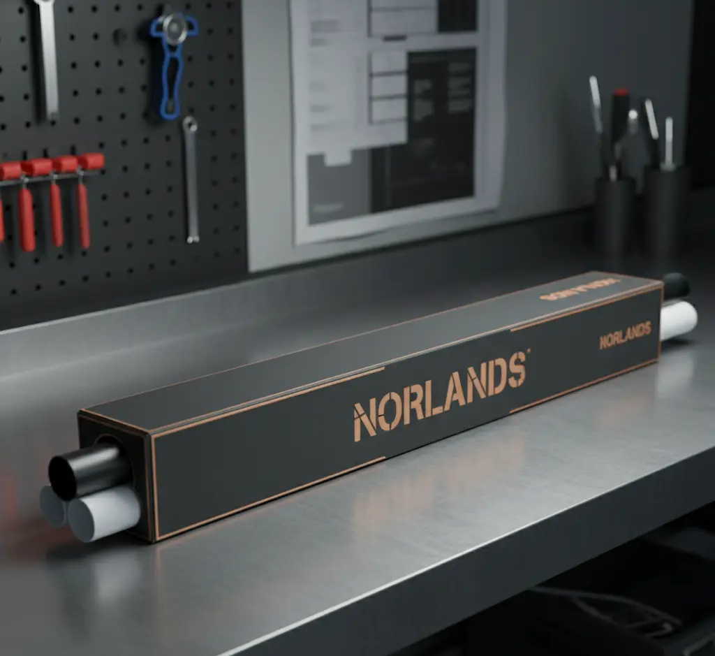 Norlands black rectangular packaging box with copper details placed on a metallic workshop table for industrial tools.