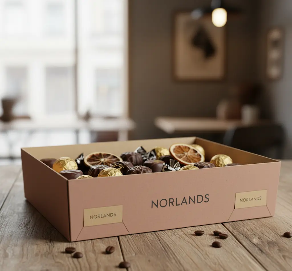 Norlands brown packaging tray filled with assorted chocolates and dried fruits on a wooden table.