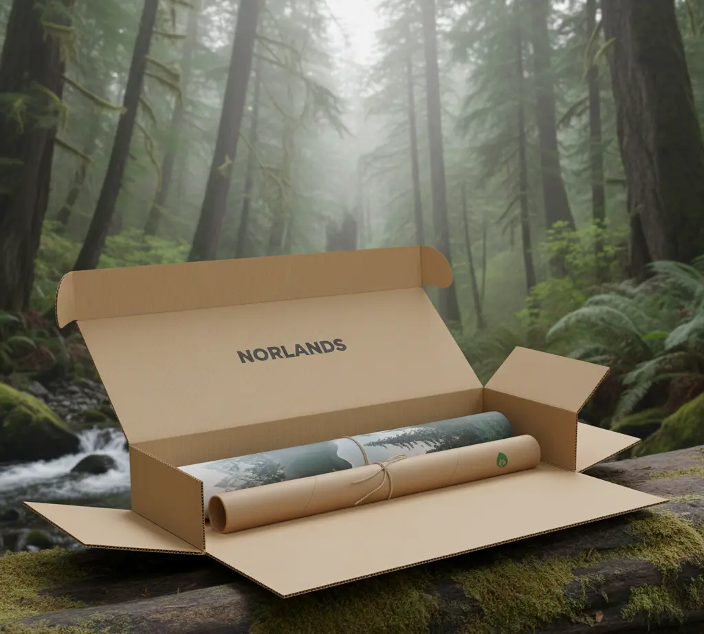  Eco-Friendly Food Packaging in Canada. Norlands cardboard box with rolled posters inside placed on a mossy log in a forest.