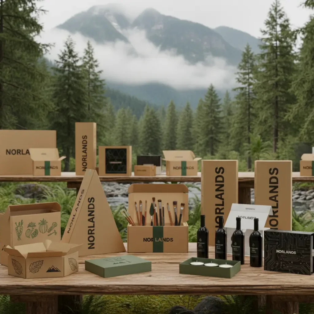 Variety of Norlands packaging boxes for different products displayed outdoors with mountains in the background.
