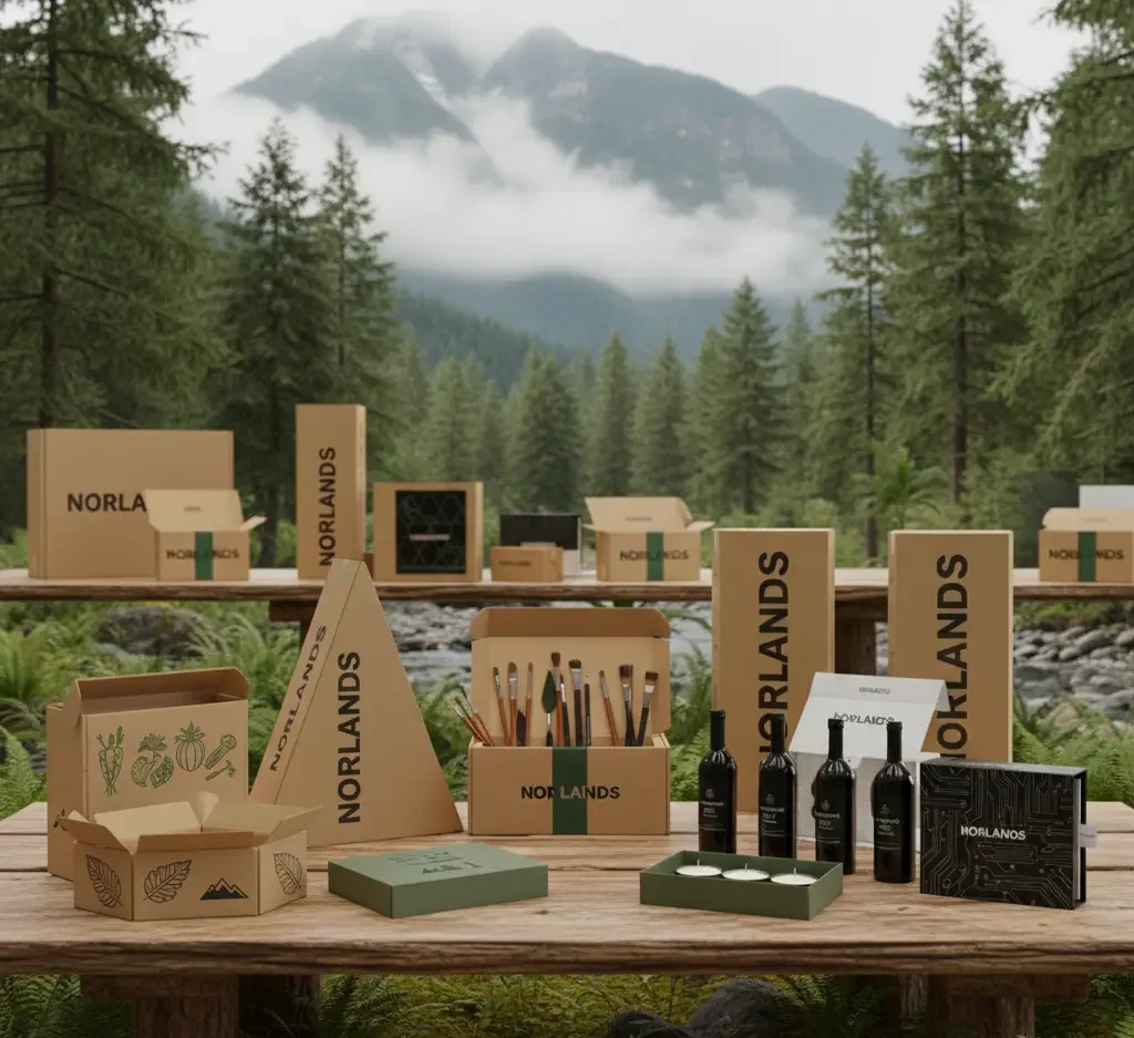 Variety of Norlands packaging boxes for different products displayed outdoors with mountains in the background.