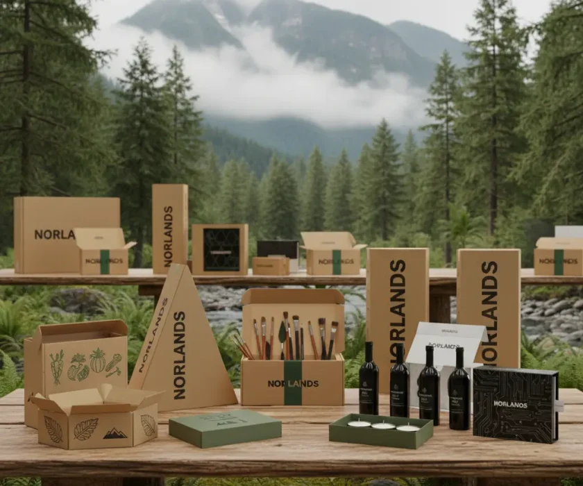 Variety of Norlands packaging boxes for different products displayed outdoors with mountains in the background.