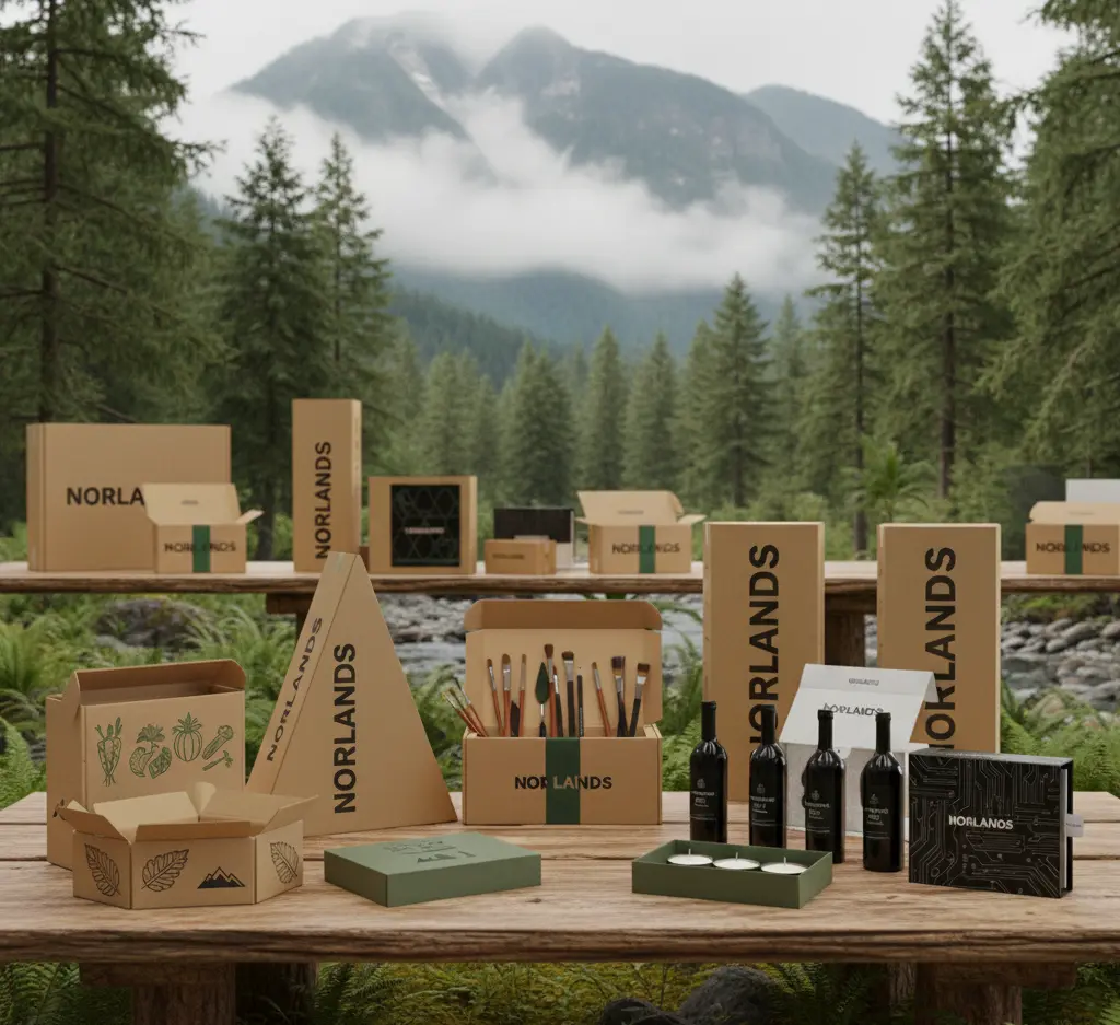 Variety of Norlands packaging boxes for different products displayed outdoors with mountains in the background.