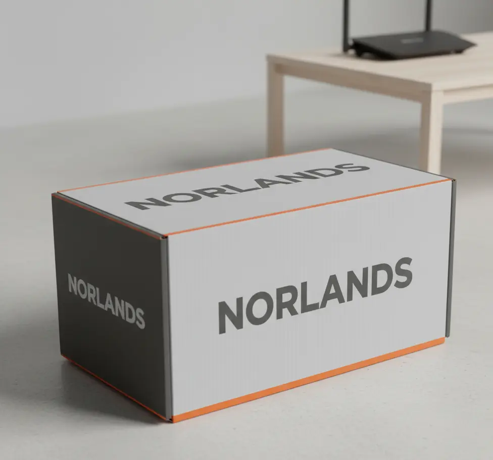 Wholesale Packaging in Vancouver Norlands modern packaging box in black, white, and orange placed on a minimalist floor.