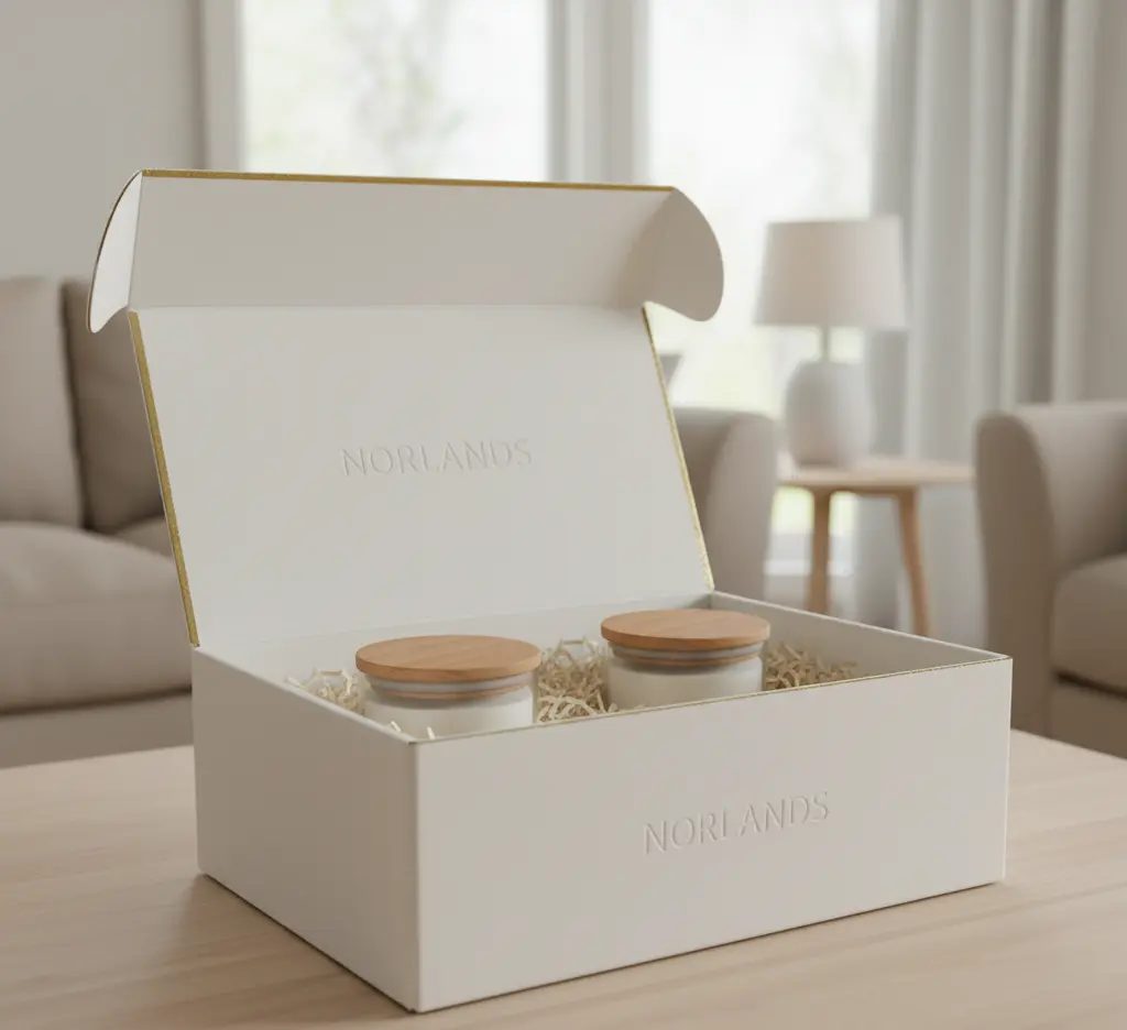 Top Corrugated Box Manufacturers in Canada Gives Businesses a Competitive Edge Alt: Norlands white gift box with two wooden-lid candles inside on a wooden table in a living room.
