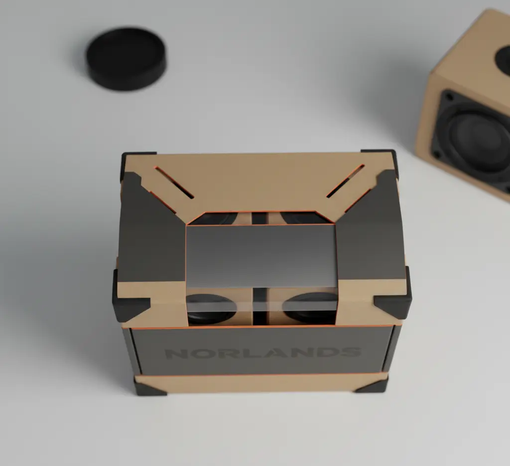 Norlands reinforced cardboard packaging box with black and orange edges, viewed from above.