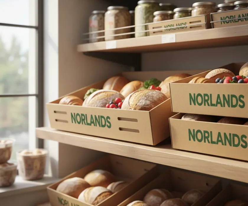 Norlands cardboard trays filled with bread and fresh produce on a bakery shelf.
