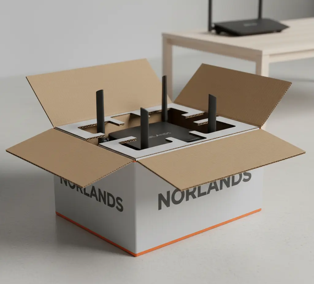  Norlands packaging box with router securely packed inside on a modern floor.