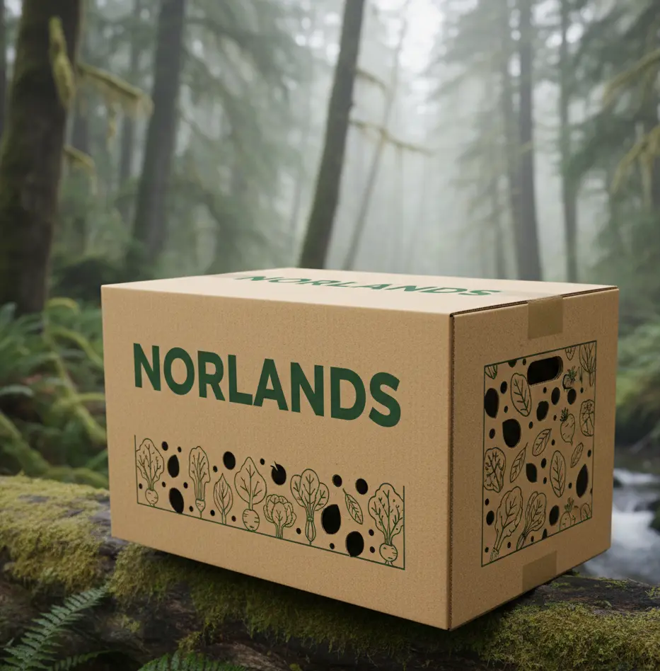  Norlands cardboard produce box with green vegetable illustrations placed on a mossy log in a forest.
