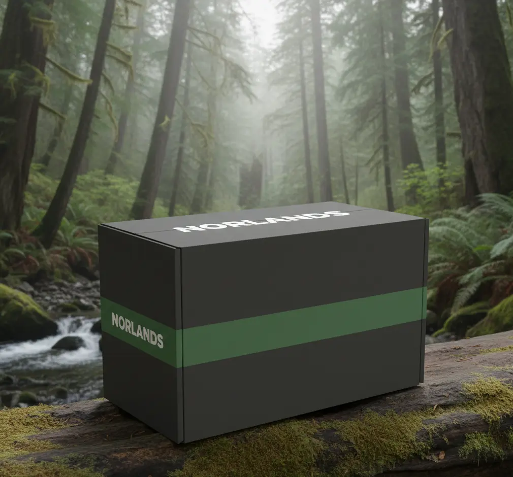  Norlands black packaging box with green stripe displayed outdoors on a mossy log in the forest. 