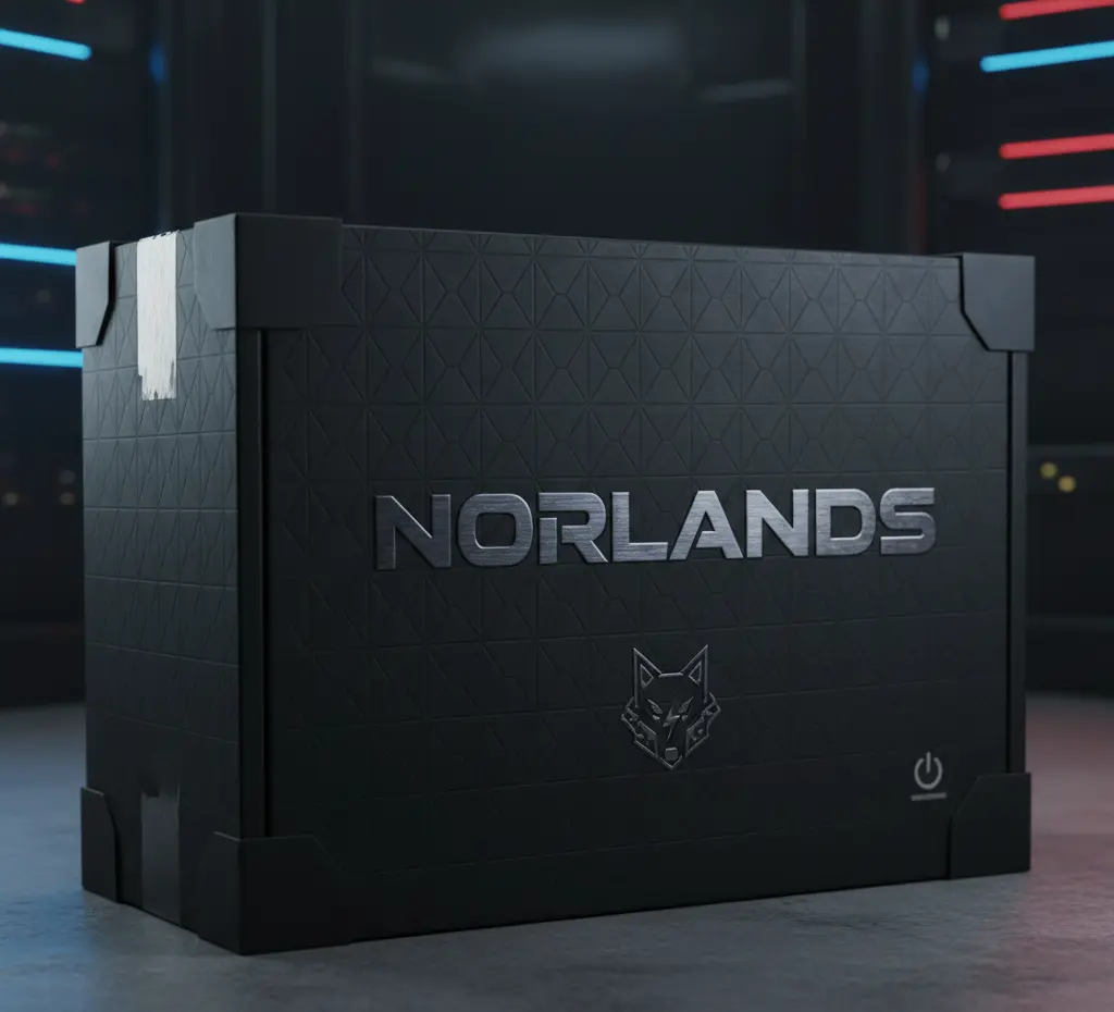 Norlands black premium packaging box with metallic logo and geometric pattern in a futuristic setting.