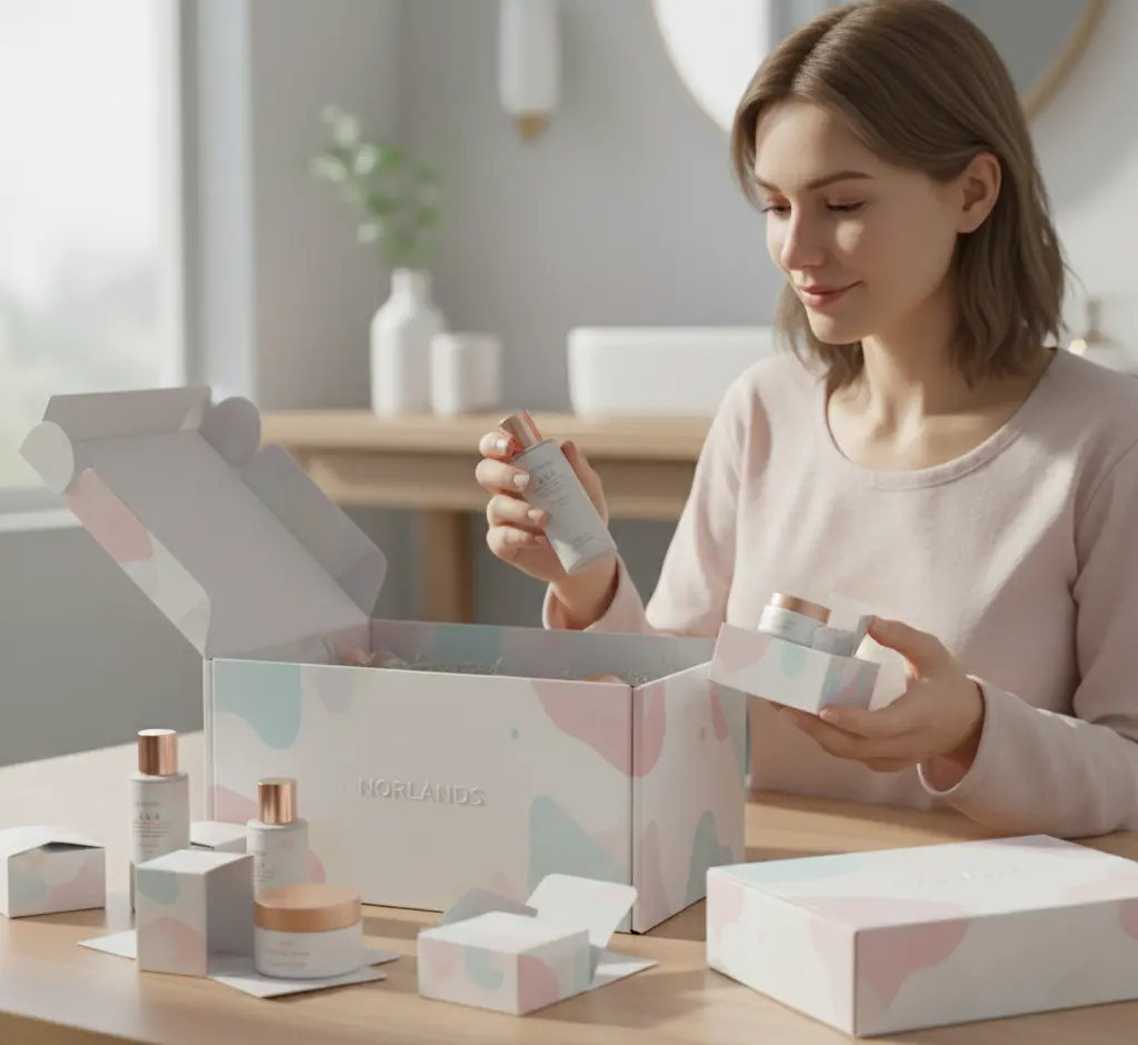  Woman opening Norlands pastel packaging box containing skincare and cosmetic products on a wooden table. 