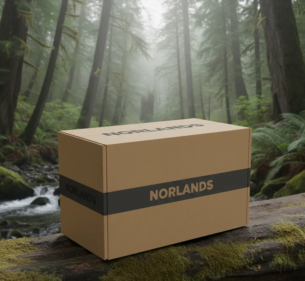 Corrugated Cardboard Sheets in Canada: Norlands brown cardboard packaging box with black stripe showcased on a mossy log in a lush forest.