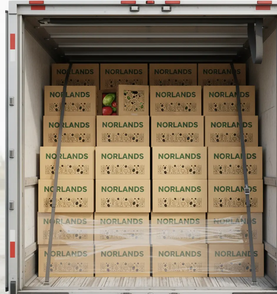 Stacked Norlands produce boxes filled with fresh fruits inside a delivery truck. 