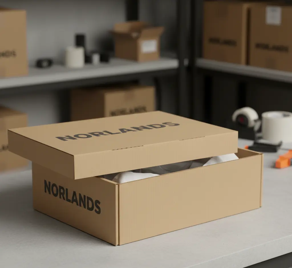 Norlands brown cardboard apparel packaging box partially open on a worktable in a warehouse.