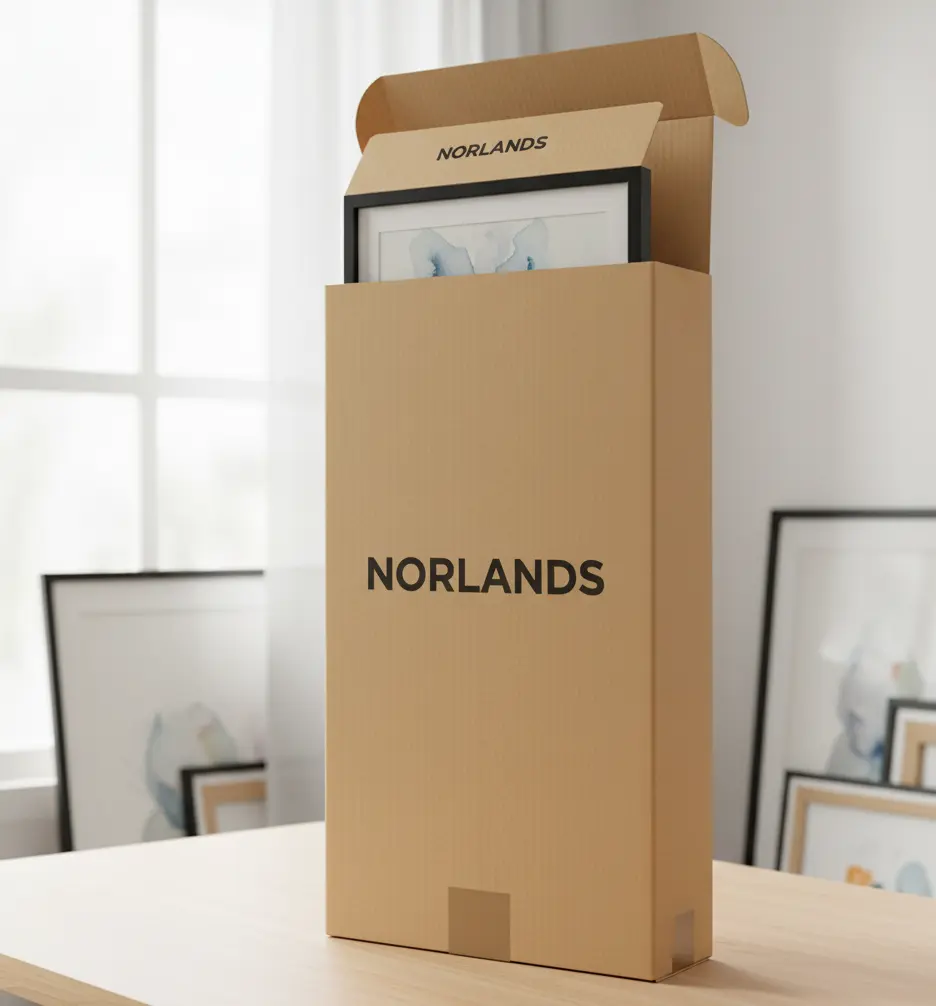  Wholesale Packaging in Vancouver-Norlands tall cardboard packaging box holding framed artwork in a bright room.