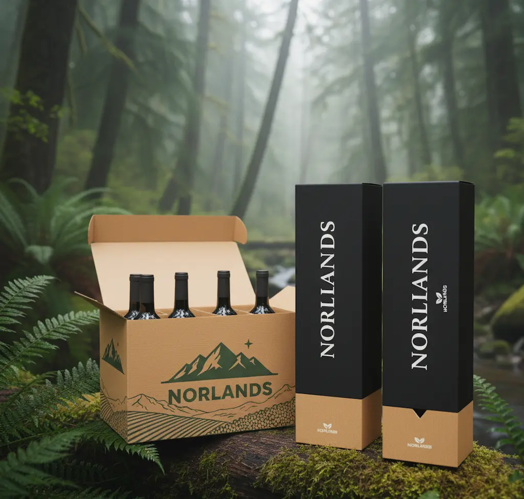 Eco Friendly Food Packaging in Canada .Norlands black and kraft packaging boxes for wine bottles displayed in a forest setting.