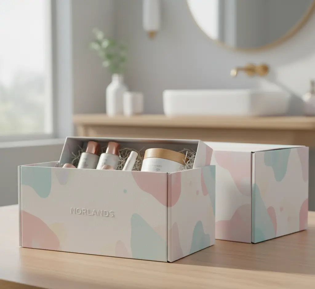 Norlands pastel packaging box with cosmetic products placed on a bathroom vanity.