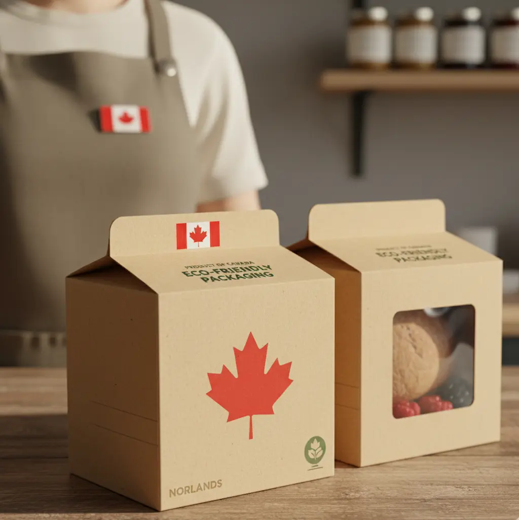 Eco-friendly Canadian bakery packaging boxes by Norlands, featuring maple leaf design, sustainable materials, and window display option.