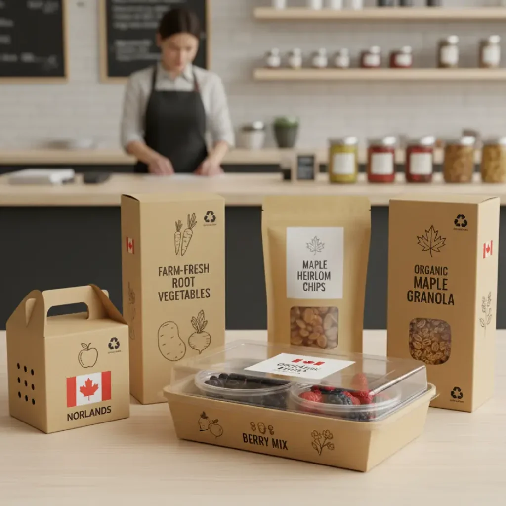 Top Corrugated Box Manufacturers in Canada Eco-friendly Norlands packaging showcasing a variety of Canadian food products, including granola, chips, fresh vegetables, and a berry mix, displayed on a counter in a modern shop.