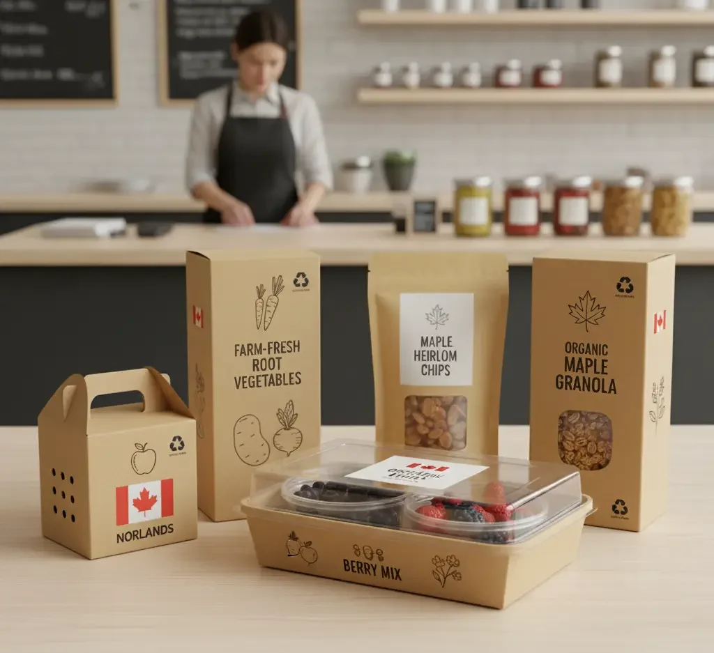 Top Corrugated Box Manufacturers in Canada Eco-friendly Norlands packaging showcasing a variety of Canadian food products, including granola, chips, fresh vegetables, and a berry mix, displayed on a counter in a modern shop.
